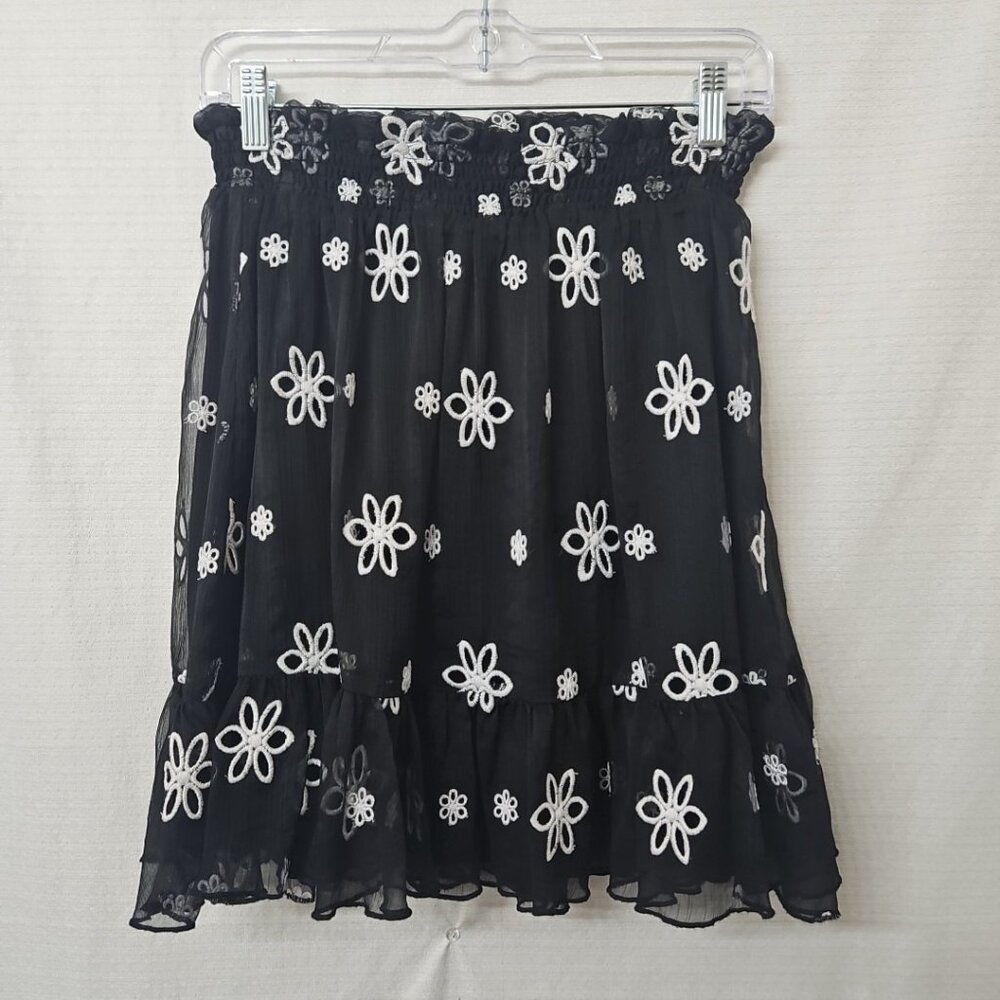 Womens Sz XS sheer Black Ruffle Mini Skirt Embroidered Daisies Fairy Whimsigoth